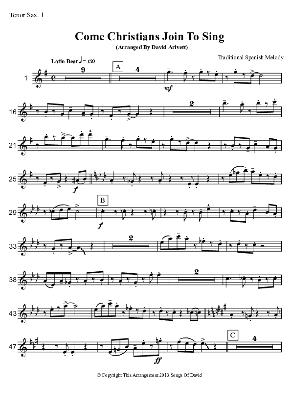 Come Christians Join To Sing (Instrumental) Tenor Sax 1/2 (David Arivett)