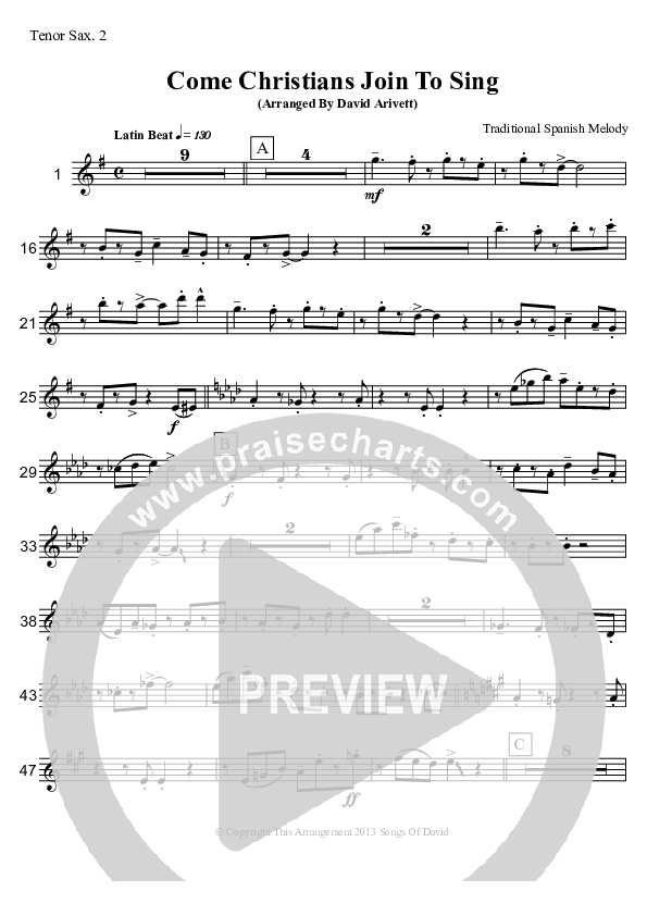 Come Christians Join To Sing (Instrumental) Tenor Sax 1/2 (David Arivett)