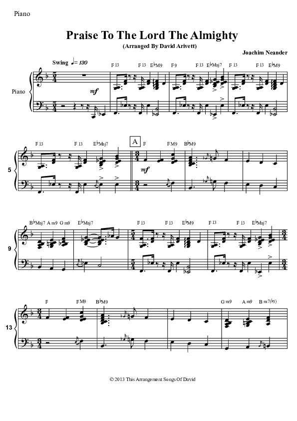 Praise To The Lord The Almighty  Piano Sheet (David Arivett)