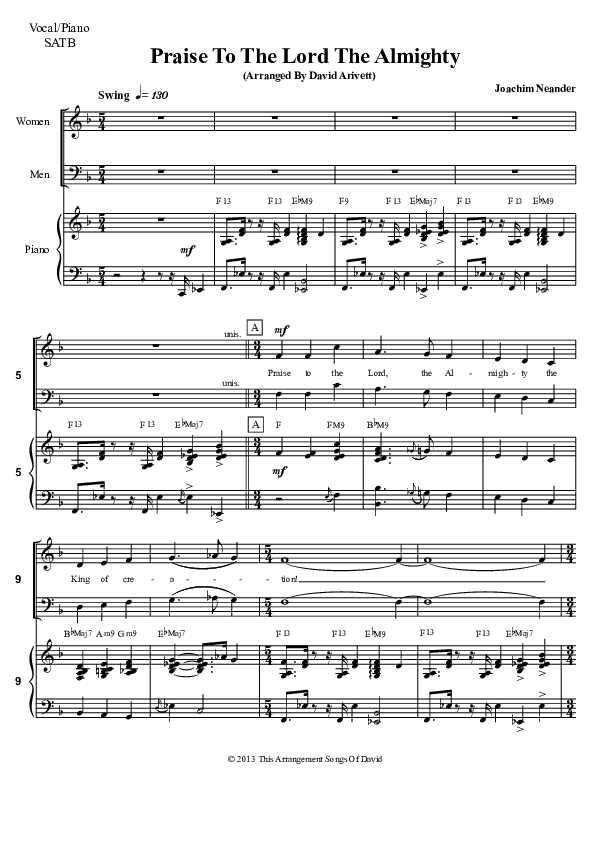 Praise To The Lord The Almighty  Piano/Vocal (SATB) (David Arivett)