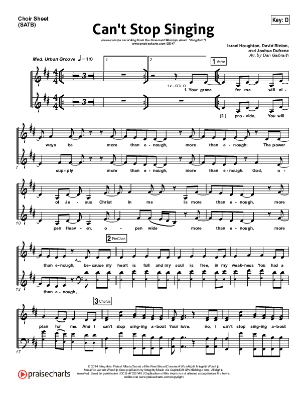 Can't Stop Singing Choir Sheet (SATB) (Covenant Worship / Nicole Binion / Joshua Dufrene / Israel Houghton)