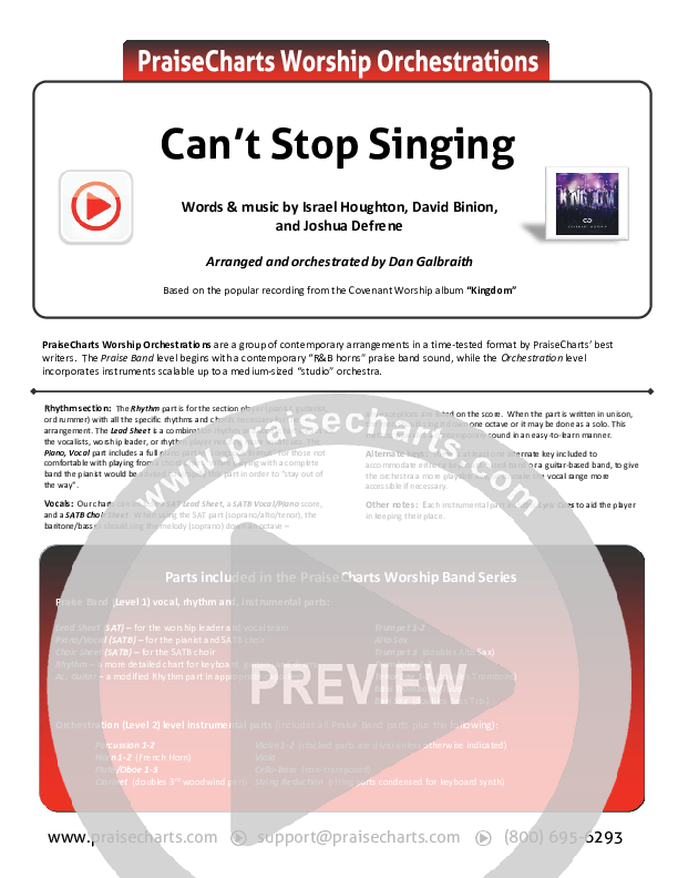 Can't Stop Singing Cover Sheet (Covenant Worship / Nicole Binion / Joshua Dufrene / Israel Houghton)