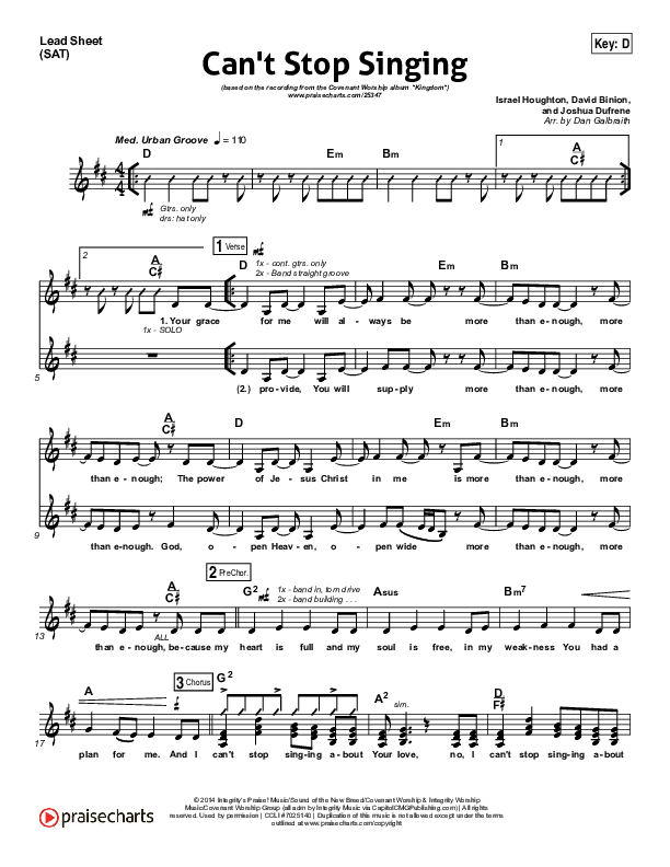 Can't Stop Singing Lead Sheet (SAT) (Covenant Worship / Nicole Binion / Joshua Dufrene / Israel Houghton)