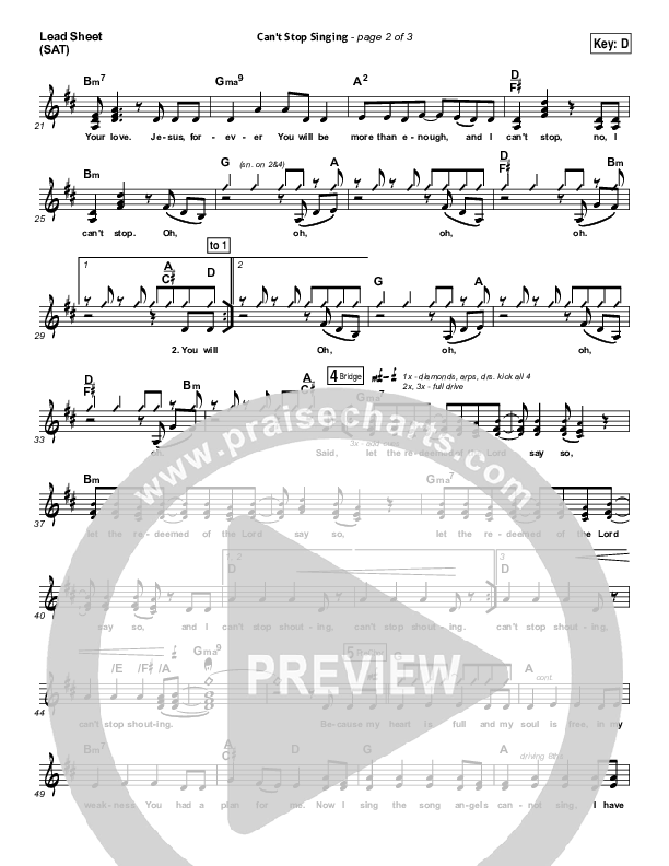 Can't Stop Singing Lead Sheet (SAT) (Covenant Worship / Nicole Binion / Joshua Dufrene / Israel Houghton)
