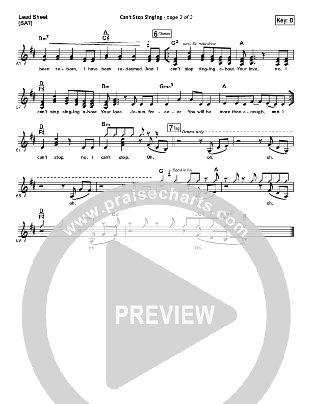 Can't Stop Singing Lead Sheet (SAT) (Covenant Worship / Nicole Binion / Joshua Dufrene / Israel Houghton)