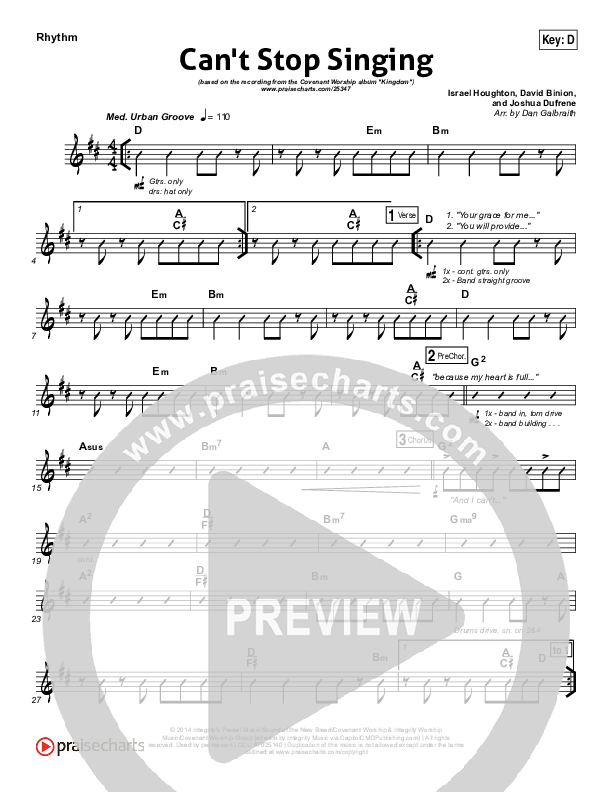 Can't Stop Singing Rhythm Chart (Covenant Worship / Nicole Binion / Joshua Dufrene / Israel Houghton)