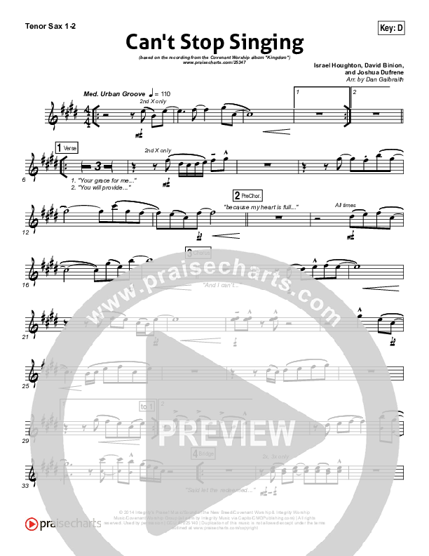 Can't Stop Singing Tenor Sax 1/2 (Covenant Worship / Nicole Binion / Joshua Dufrene / Israel Houghton)