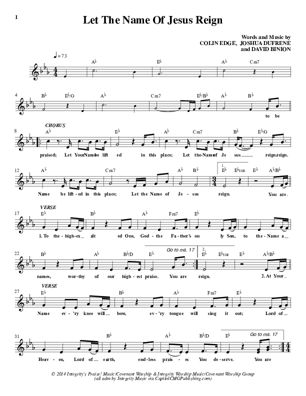 Let The Name Of Jesus Reign Lead Sheet (Covenant Worship / Colin Edge)