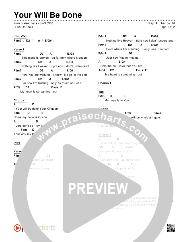 Your Will Be Done Chords & Lyrics (Rush Of Fools)