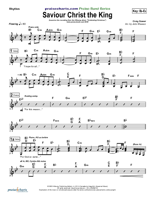 Saviour Christ The King Rhythm Chart (Hillsong Worship)