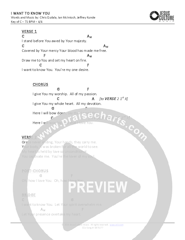 I Want To Know You Chord Chart (Jesus Culture)