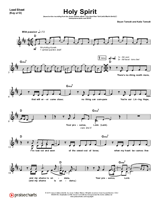 Holy Spirit  Lead Sheet (Melody) (Jesus Culture / Martin Smith)