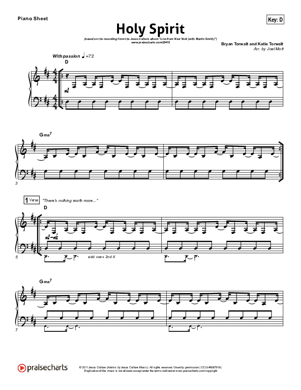 Holy Spirit  Piano Sheet (Jesus Culture / Martin Smith)