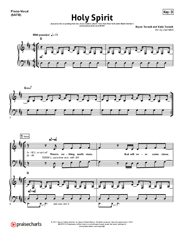 Holy Spirit  Piano/Vocal (SATB) (Jesus Culture / Martin Smith)