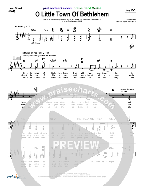 O Little Town Of Bethlehem Lead Sheet (Hillsong Worship)