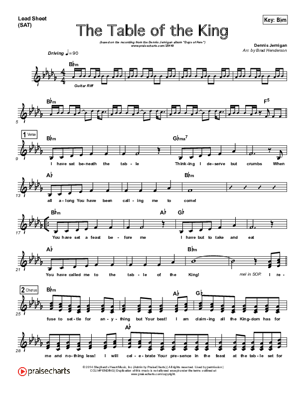 The Table Of The King Lead Sheet (Dennis Jernigan)