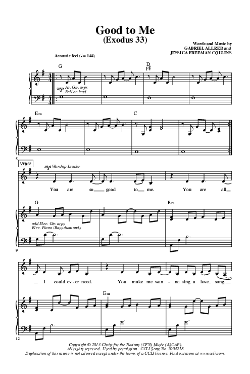 Good to Me (Exodus 33) Piano/Vocal (Christ For The Nations)
