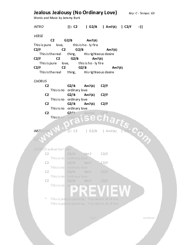 Jealous Jealousy (No Ordinary Love) Chord Chart (Christ For The Nations)