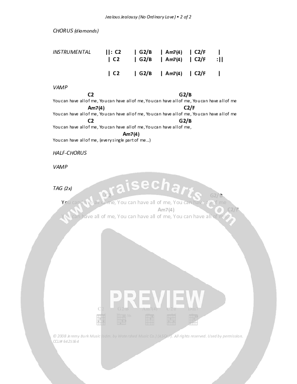Jealous Jealousy (No Ordinary Love) Chord Chart (Christ For The Nations)