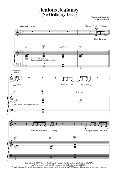 Jealous Jealousy (No Ordinary Love) Piano/Vocal (Christ For The Nations)