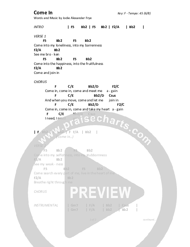 Come In Chords & Lyrics (Christ For The Nations)