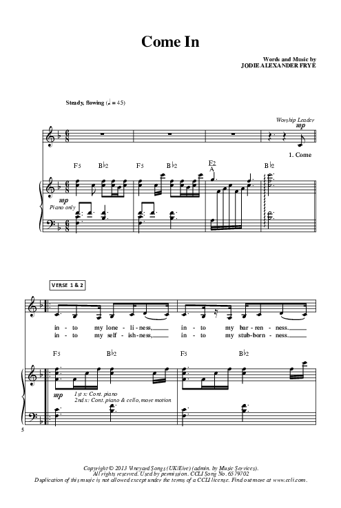 Come In Piano/Vocal (Christ For The Nations)