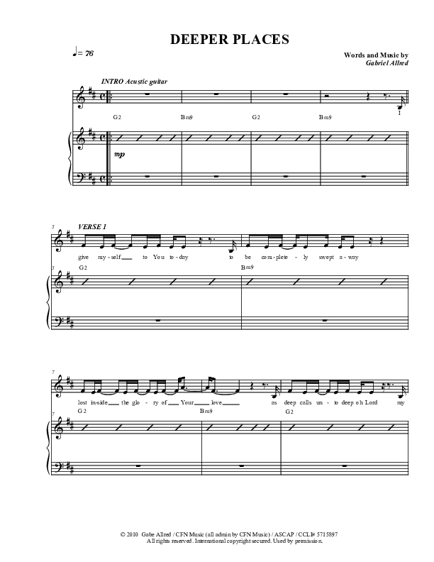 Deeper Places Piano/Vocal (Christ For The Nations)