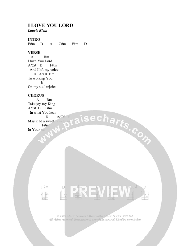 I Love You Lord Chord Chart (Youth For The Nations)