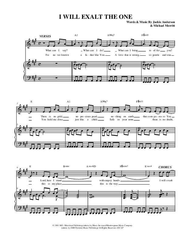 I Will Exalt The One Piano/Vocal (Christ For The Nations)