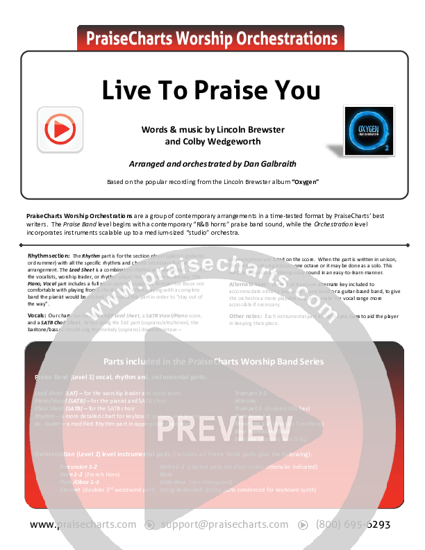 Live To Praise You Orchestration (Lincoln Brewster)