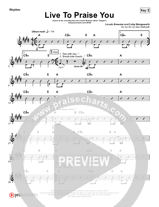 Live To Praise You Rhythm Chart (Lincoln Brewster)