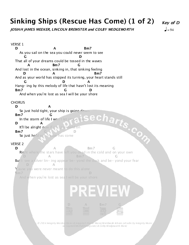 Sinking Ships (Rescue Has Come) Chords & Lyrics (Lincoln Brewster)