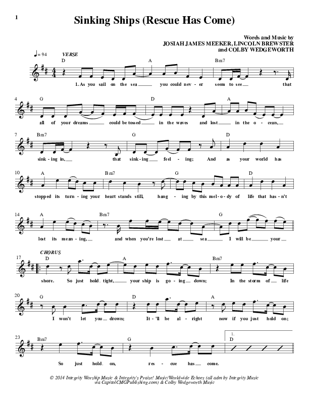 Sinking Ships (Rescue Has Come) Lead Sheet (Lincoln Brewster)
