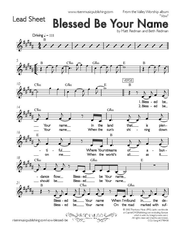 Blessed Be Your Name Lead Sheet (Valley Worship / Christopher Fink)