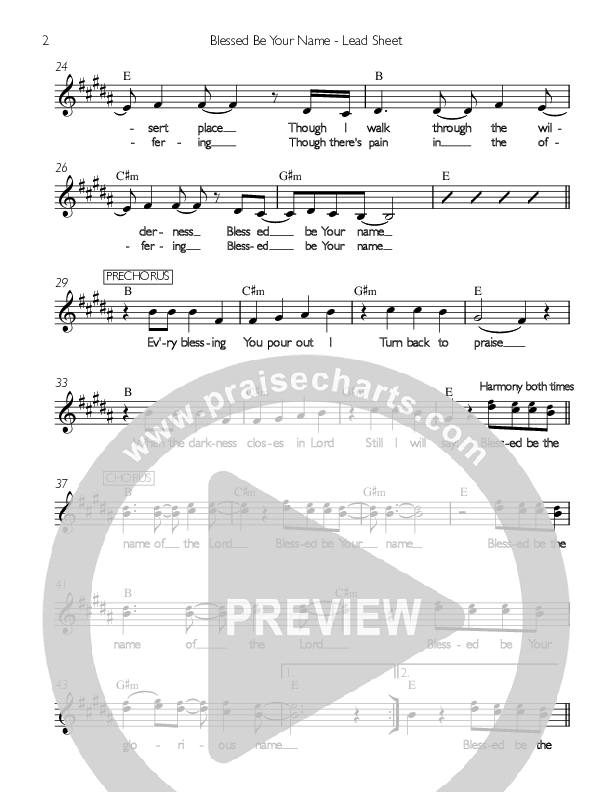 Blessed Be Your Name Lead Sheet (Valley Worship / Christopher Fink)
