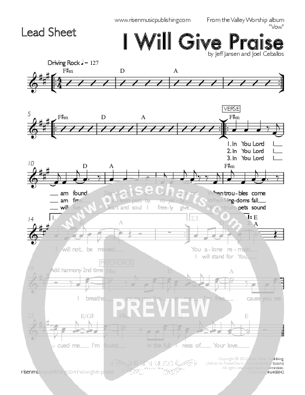 I Will Give Praise Lead Sheet (Valley Worship / Christopher Fink)