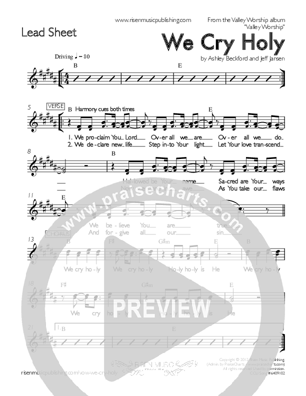 We Cry Holy Lead Sheet (Valley Worship / Christopher Fink)