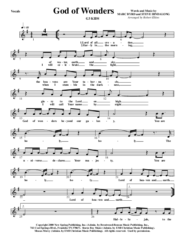God Of Wonders Lead Sheet (G3 Kids)