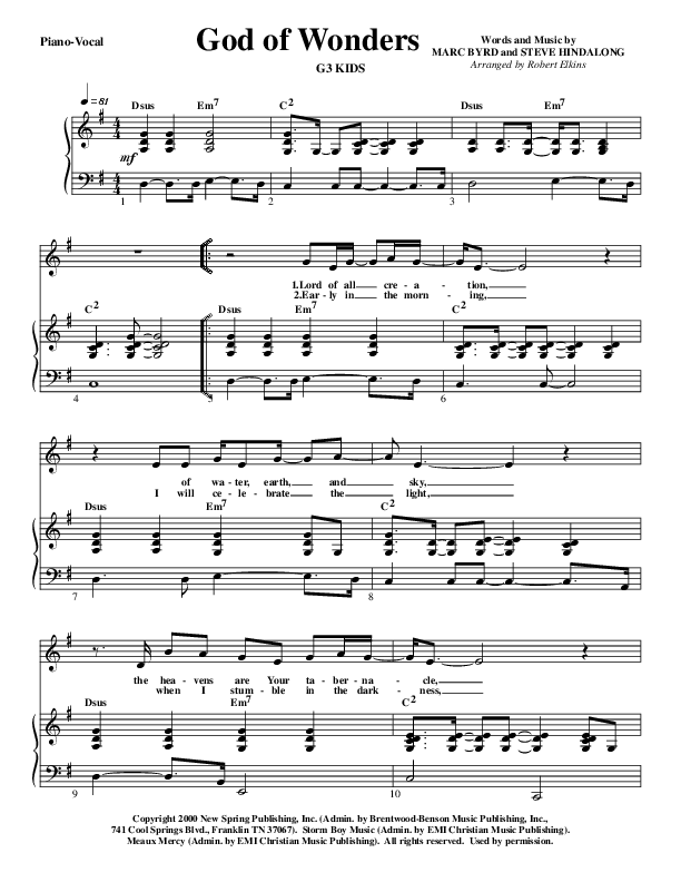 God Of Wonders Lead & Piano (G3 Kids)