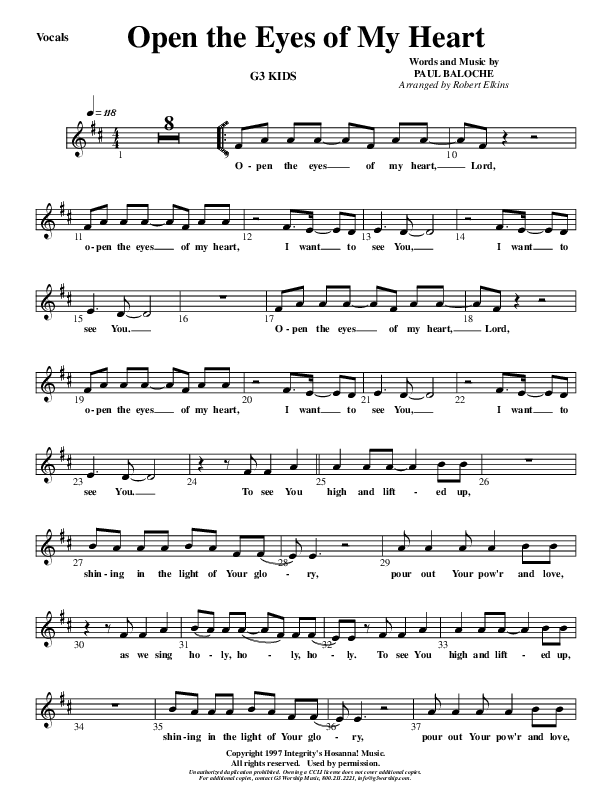 Open The Eyes Of My Heart Lead Sheet (G3 Kids)