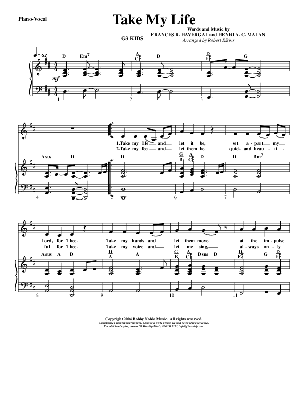 Take My Life Piano/Vocal (G3 Kids)