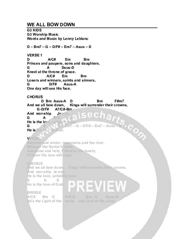 We All Bow Down Chords & Lyrics (G3 Kids)