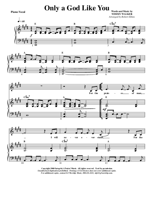Only A God Like You Piano/Vocal (G3 Kids)