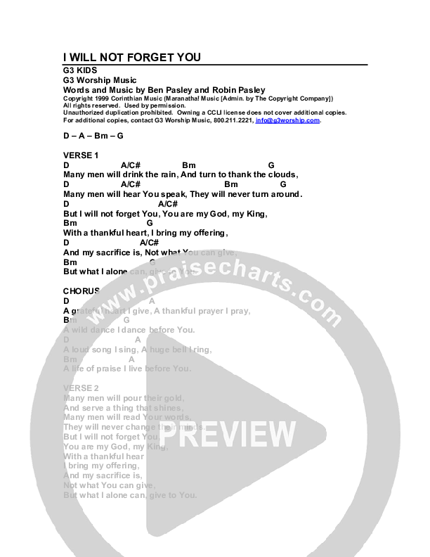 I Will Not Forget You Chords & Lyrics (G3 Kids)