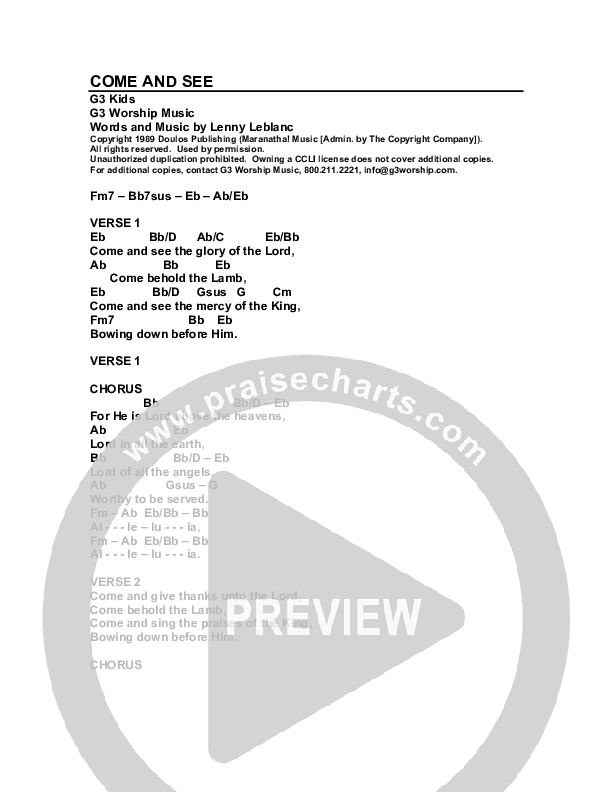 Come And See Chords & Lyrics (G3 Kids)