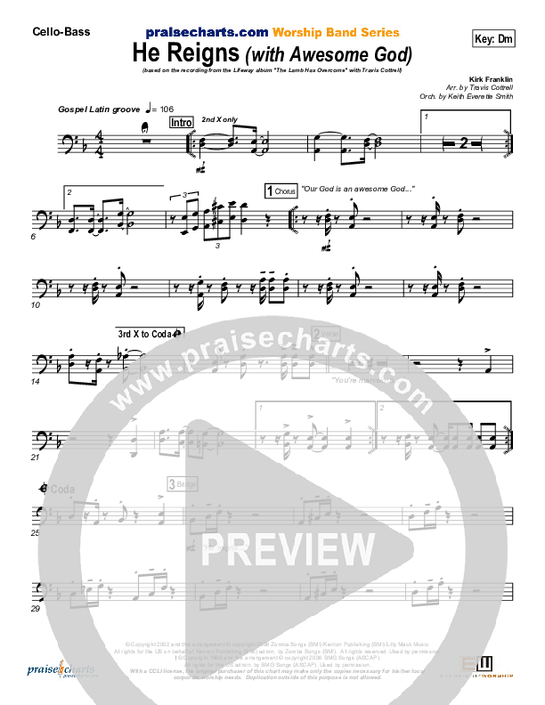 He Reigns (with Awesome God) Cello/Bass (Travis Cottrell)