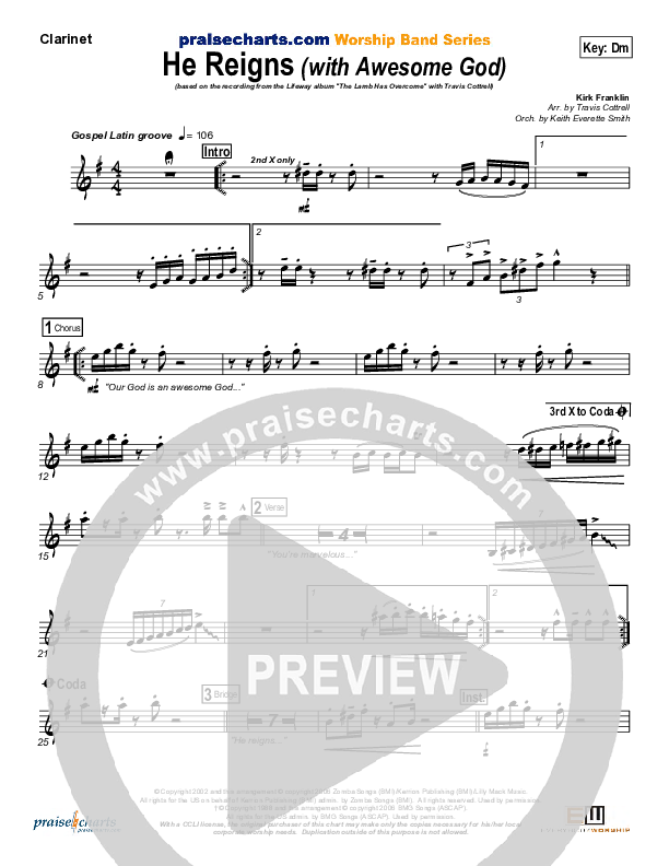 He Reigns (with Awesome God) Clarinet (Travis Cottrell)