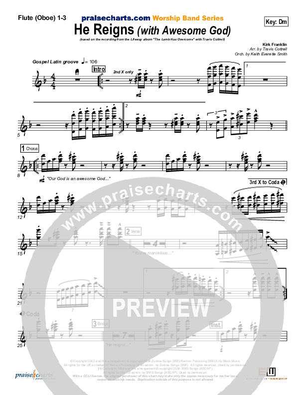 He Reigns (with Awesome God) Flute/Oboe 1/2/3 (Travis Cottrell)