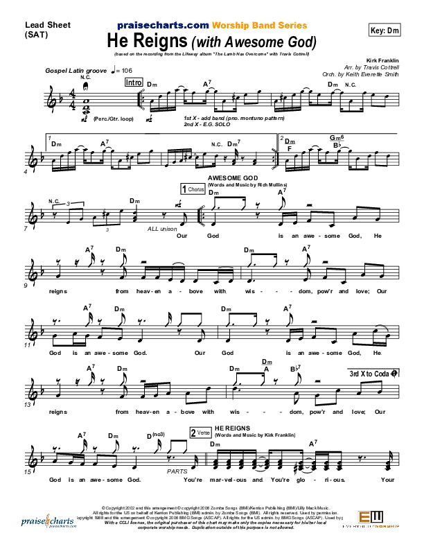 He Reigns (with Awesome God) Lead Sheet (Travis Cottrell)