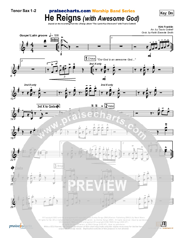 He Reigns (with Awesome God) Tenor Sax 1/2 (Travis Cottrell)